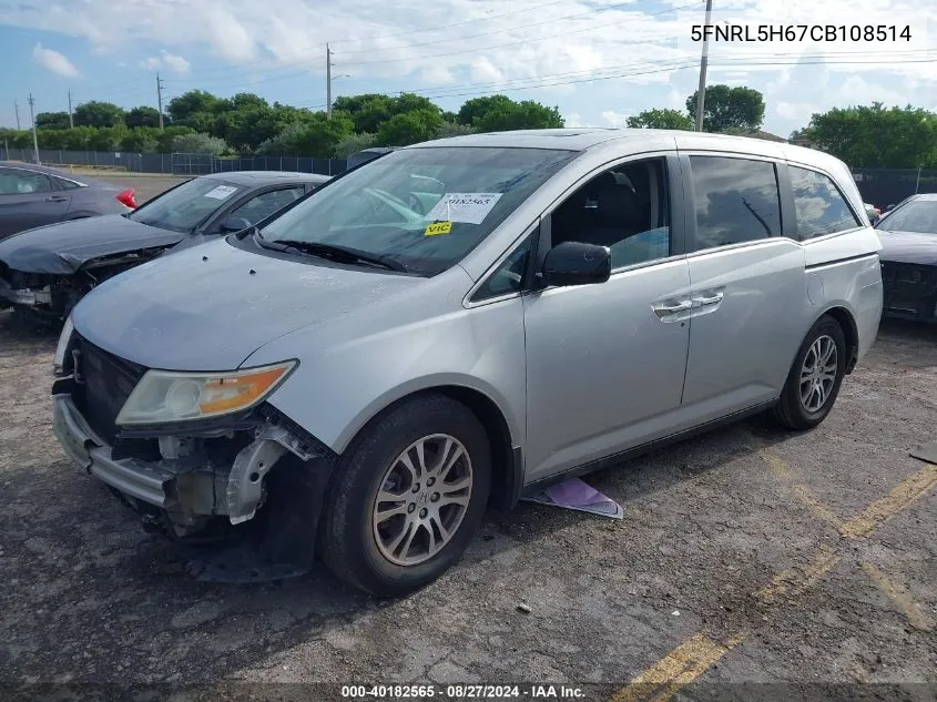 2012 Honda Odyssey Ex-L VIN: 5FNRL5H67CB108514 Lot: 40182565