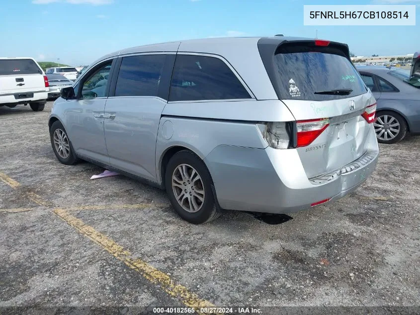 2012 Honda Odyssey Ex-L VIN: 5FNRL5H67CB108514 Lot: 40182565