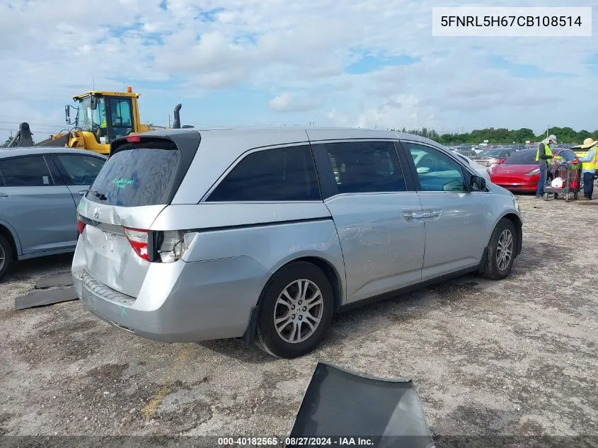 2012 Honda Odyssey Ex-L VIN: 5FNRL5H67CB108514 Lot: 40182565