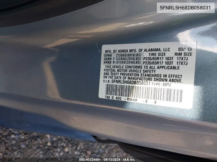 5FNRL5H68DB058031 2013 Honda Odyssey Exl