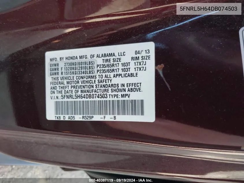 5FNRL5H64DB074503 2013 Honda Odyssey Ex-L