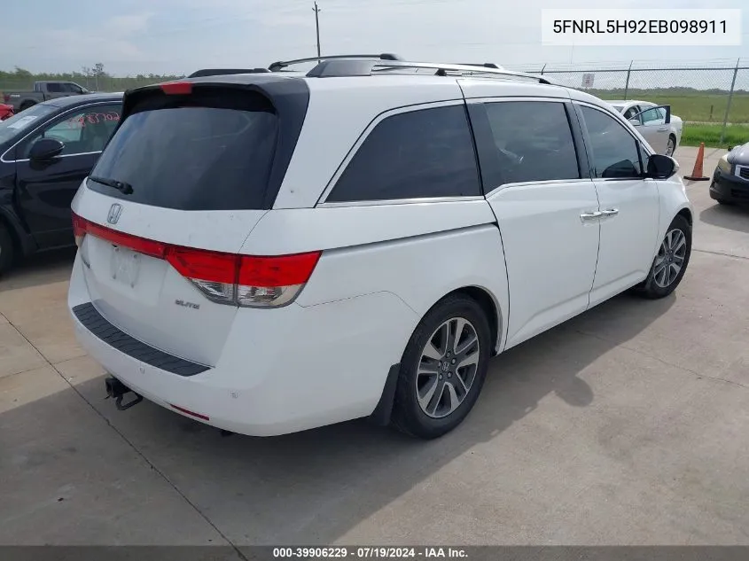 2014 Honda Odyssey Touring/Touring Elite VIN: 5FNRL5H92EB098911 Lot: 39906229