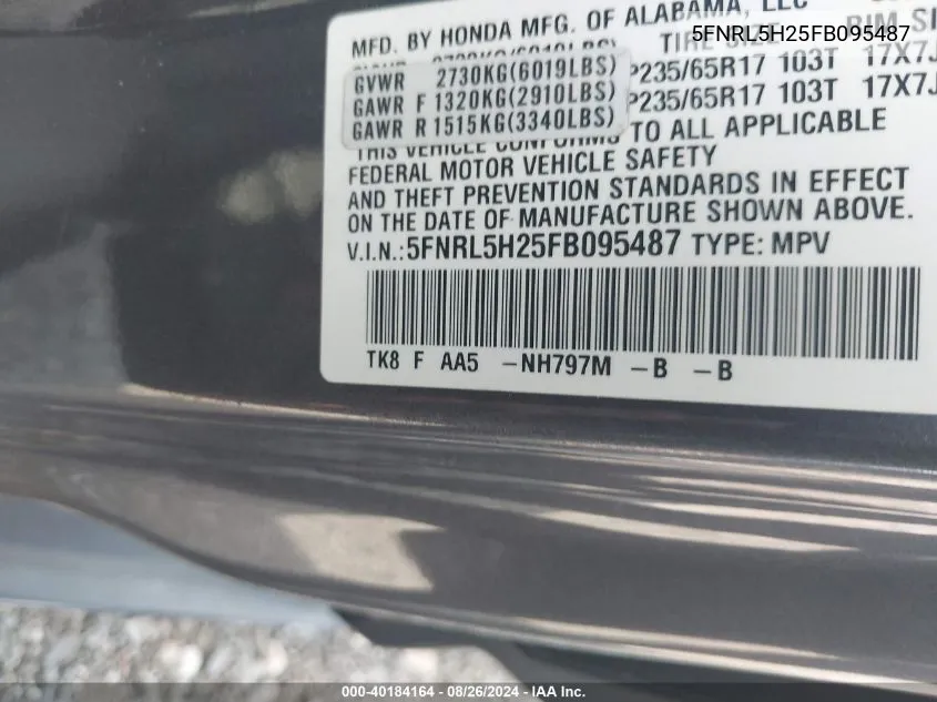 5FNRL5H25FB095487 2015 Honda Odyssey Lx