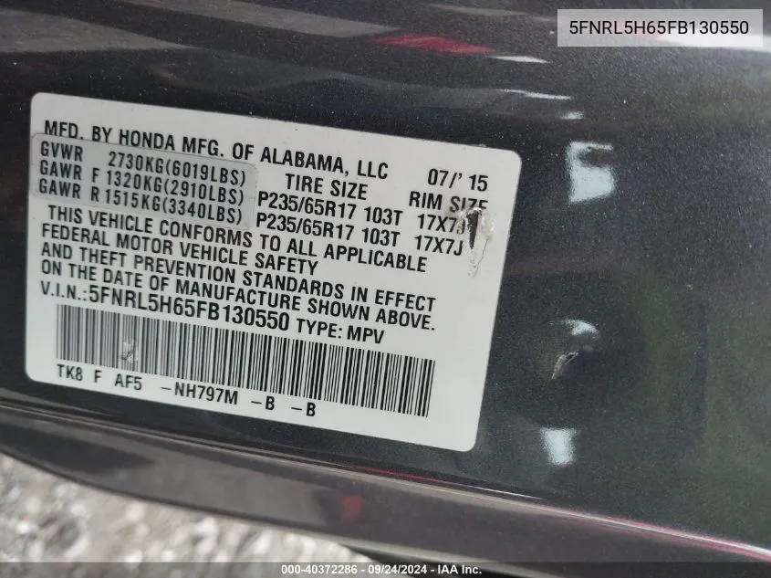 5FNRL5H65FB130550 2015 Honda Odyssey Ex-L