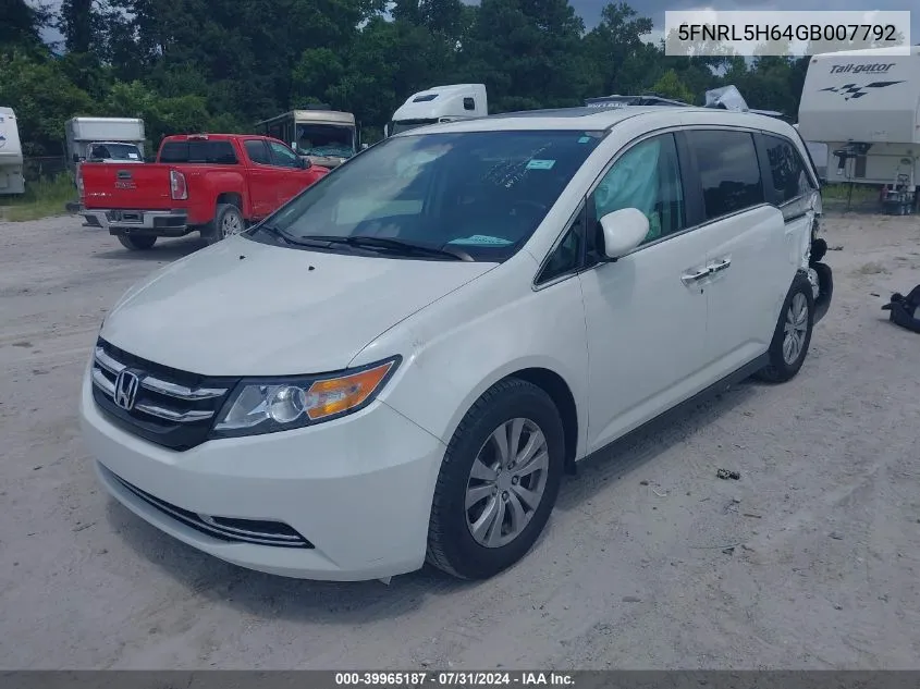 2016 Honda Odyssey Ex-L VIN: 5FNRL5H64GB007792 Lot: 39965187