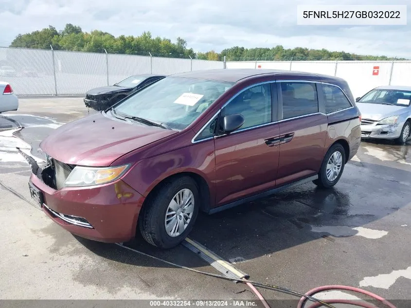 2016 Honda Odyssey Lx VIN: 5FNRL5H27GB032022 Lot: 40332254