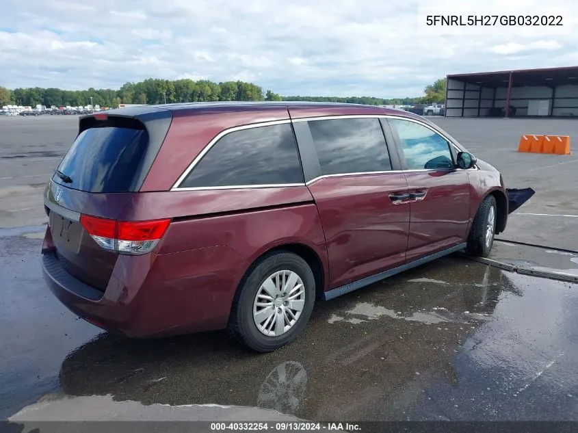 2016 Honda Odyssey Lx VIN: 5FNRL5H27GB032022 Lot: 40332254