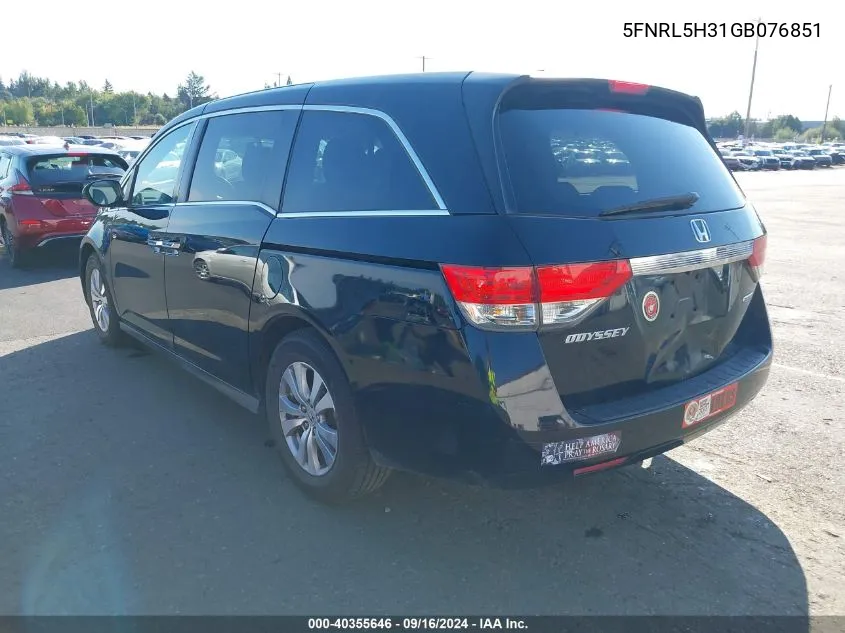 2016 Honda Odyssey Se VIN: 5FNRL5H31GB076851 Lot: 40355646