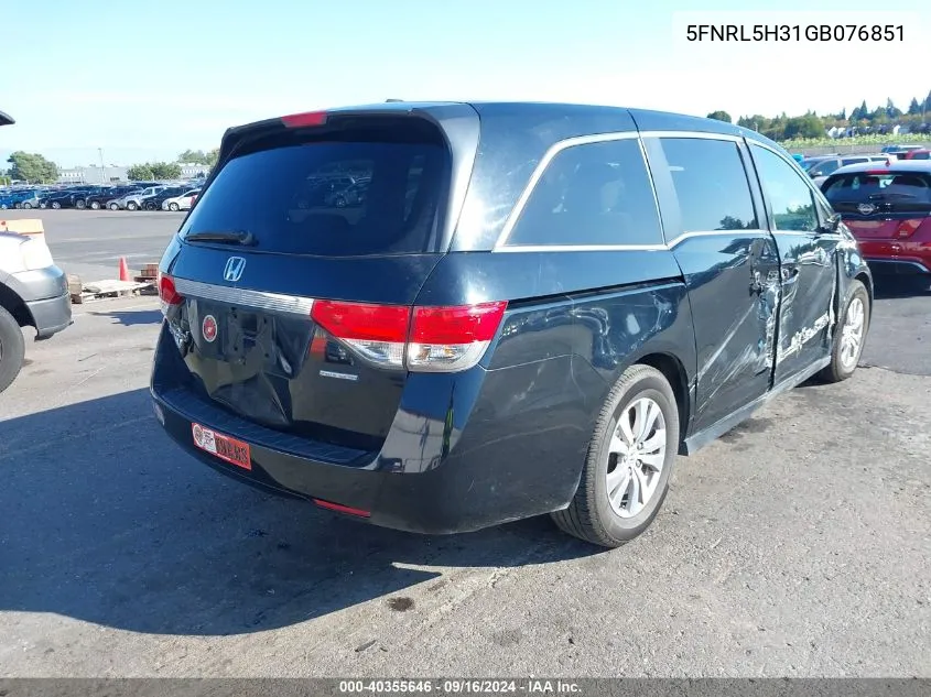 2016 Honda Odyssey Se VIN: 5FNRL5H31GB076851 Lot: 40355646