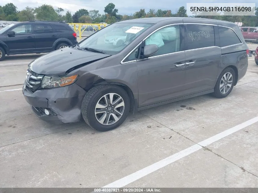 2016 Honda Odyssey Touring/Touring Elite VIN: 5FNRL5H94GB116098 Lot: 40387921