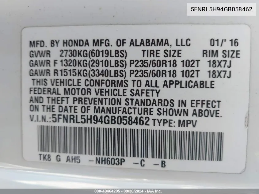 5FNRL5H94GB058462 2016 Honda Odyssey Touring/Touring Elite