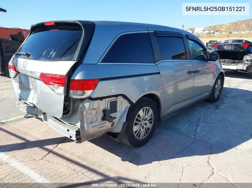 2016 Honda Odyssey Lx VIN: 5FNRL5H25GB151221 Lot: 40703025