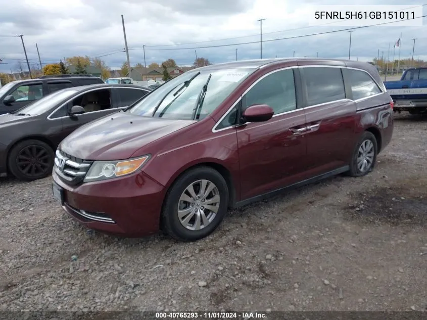 2016 Honda Odyssey Ex-L VIN: 5FNRL5H61GB151011 Lot: 40765293