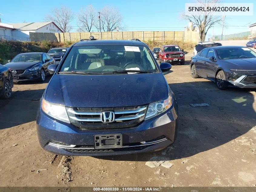 2016 Honda Odyssey Ex-L VIN: 5FNRL5H62GD096424 Lot: 40800359