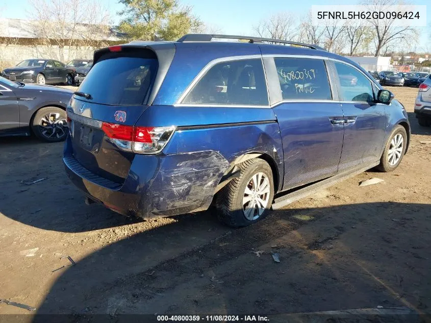 2016 Honda Odyssey Ex-L VIN: 5FNRL5H62GD096424 Lot: 40800359