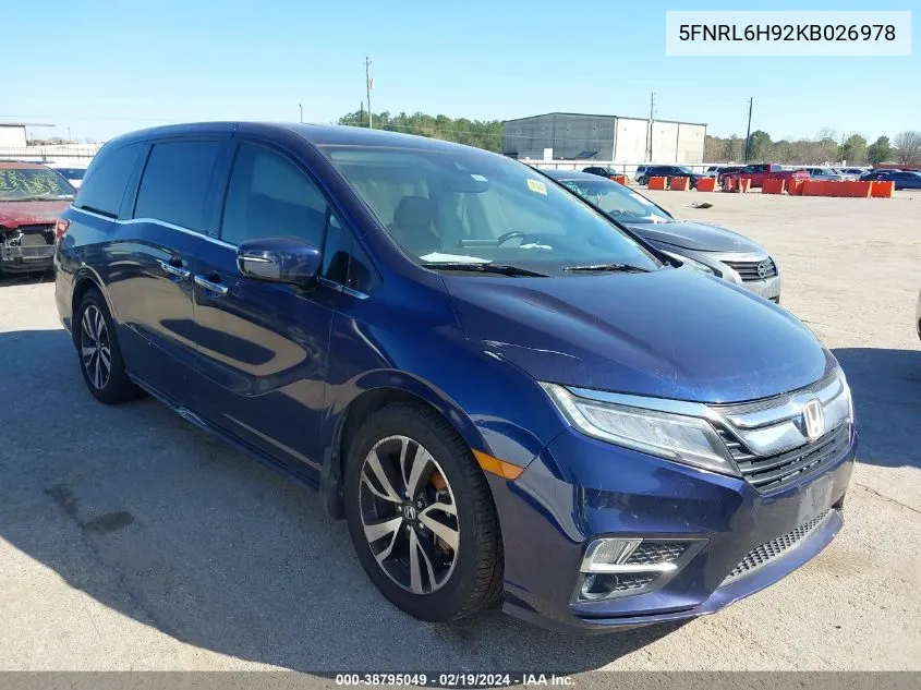 2019 Honda Odyssey Elite VIN: 5FNRL6H92KB026978 Lot: 38795049