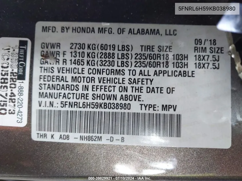 5FNRL6H59KB038980 2019 Honda Odyssey Ex