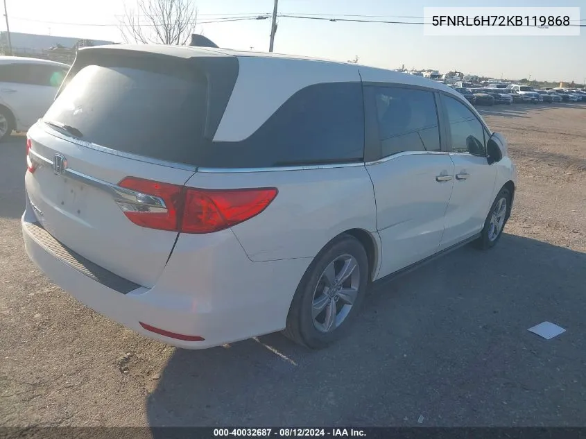 2019 Honda Odyssey Ex-L VIN: 5FNRL6H72KB119868 Lot: 40032687