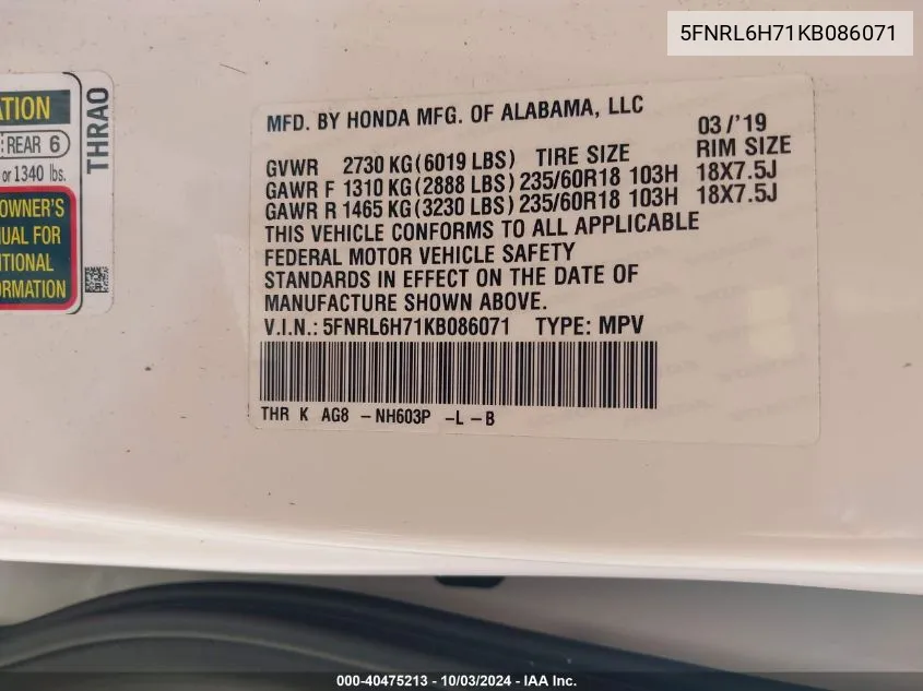 5FNRL6H71KB086071 2019 Honda Odyssey Ex-L