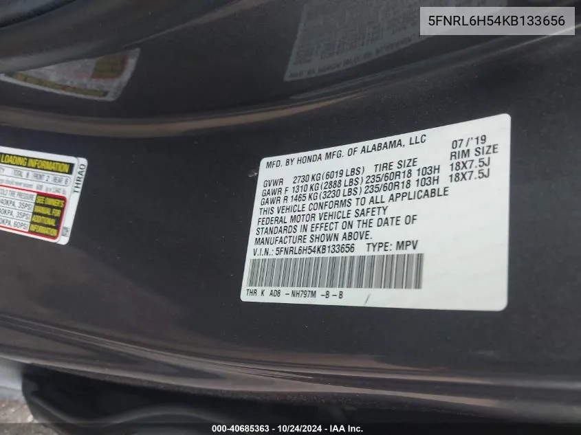 5FNRL6H54KB133656 2019 Honda Odyssey Ex