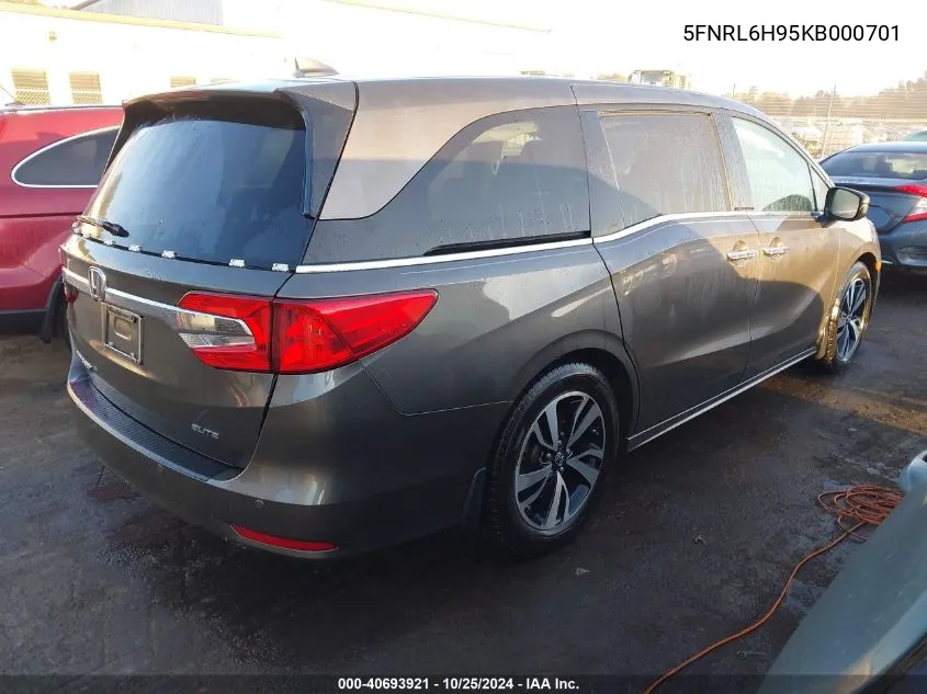 2019 Honda Odyssey Elite VIN: 5FNRL6H95KB000701 Lot: 40693921