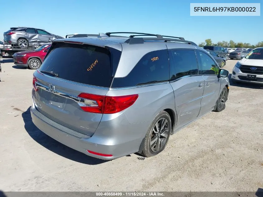 2019 Honda Odyssey Elite VIN: 5FNRL6H97KB000022 Lot: 40858499