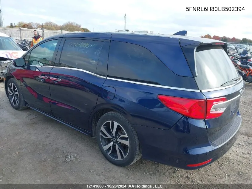 2020 Honda Odyssey Touring VIN: 5FNRL6H80LB502394 Lot: 12141668