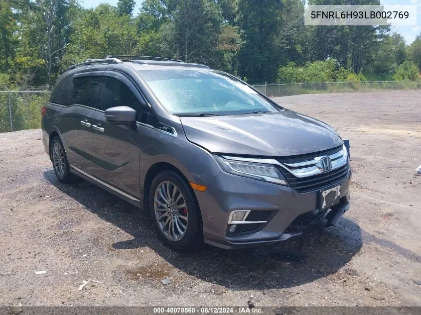 2020 Honda Odyssey Elite VIN: 5FNRL6H93LB002769 Lot: 40078560