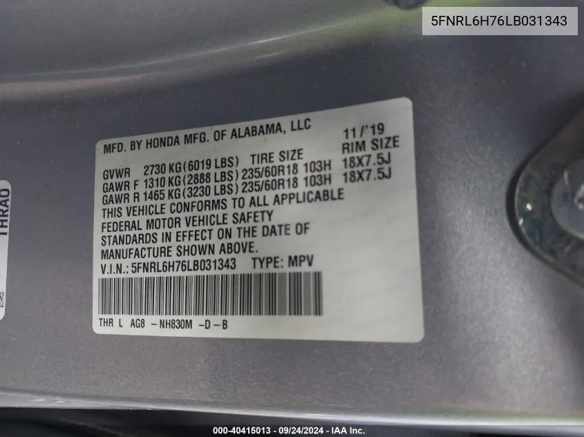 5FNRL6H76LB031343 2020 Honda Odyssey Exl