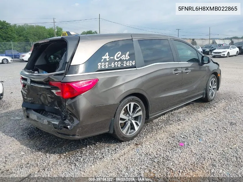 2021 Honda Odyssey Touring VIN: 5FNRL6H8XMB022865 Lot: 39756322