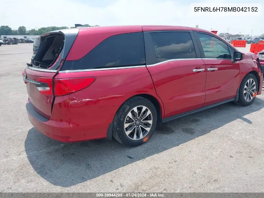 2021 Honda Odyssey Ex-L VIN: 5FNRL6H78MB042152 Lot: 39944205