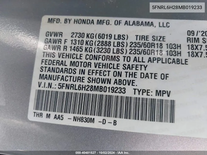 5FNRL6H28MB019233 2021 Honda Odyssey Lx