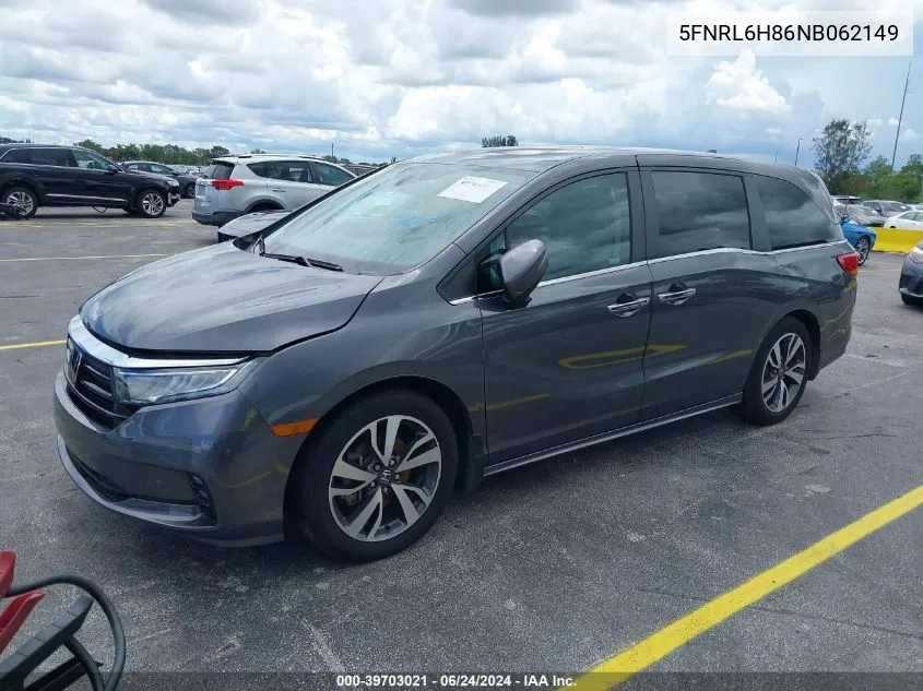 2022 Honda Odyssey Touring VIN: 5FNRL6H86NB062149 Lot: 39703021