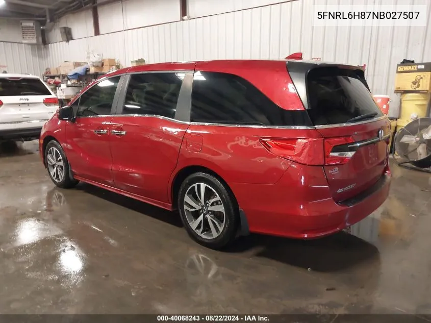 2022 Honda Odyssey Touring VIN: 5FNRL6H87NB027507 Lot: 40068243