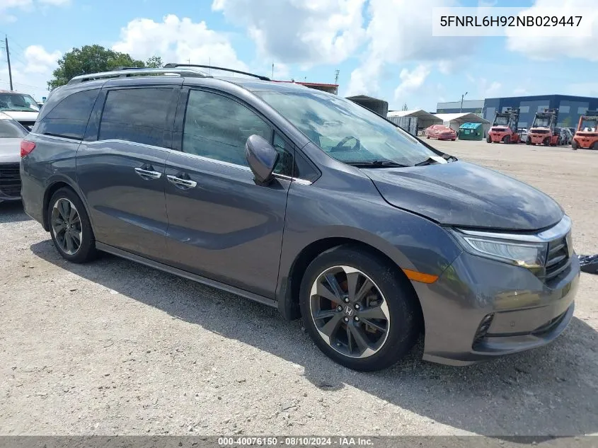 2022 Honda Odyssey Elite VIN: 5FNRL6H92NB029447 Lot: 40076150