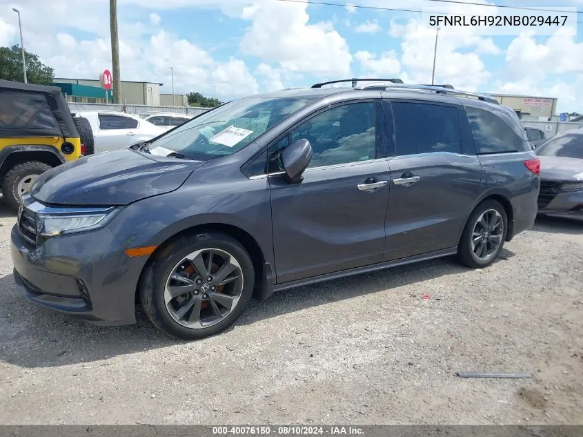 2022 Honda Odyssey Elite VIN: 5FNRL6H92NB029447 Lot: 40076150