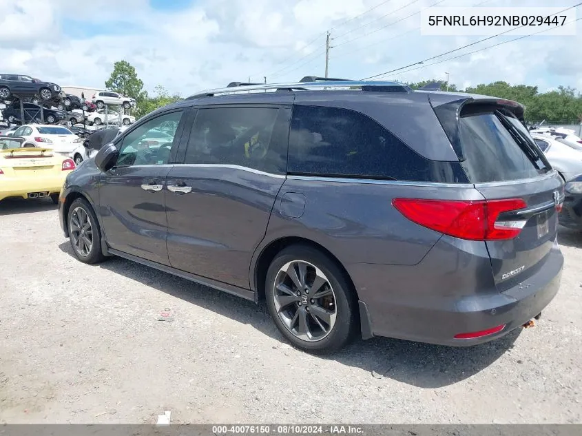 2022 Honda Odyssey Elite VIN: 5FNRL6H92NB029447 Lot: 40076150