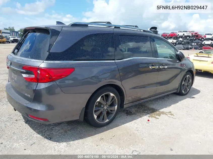 2022 Honda Odyssey Elite VIN: 5FNRL6H92NB029447 Lot: 40076150