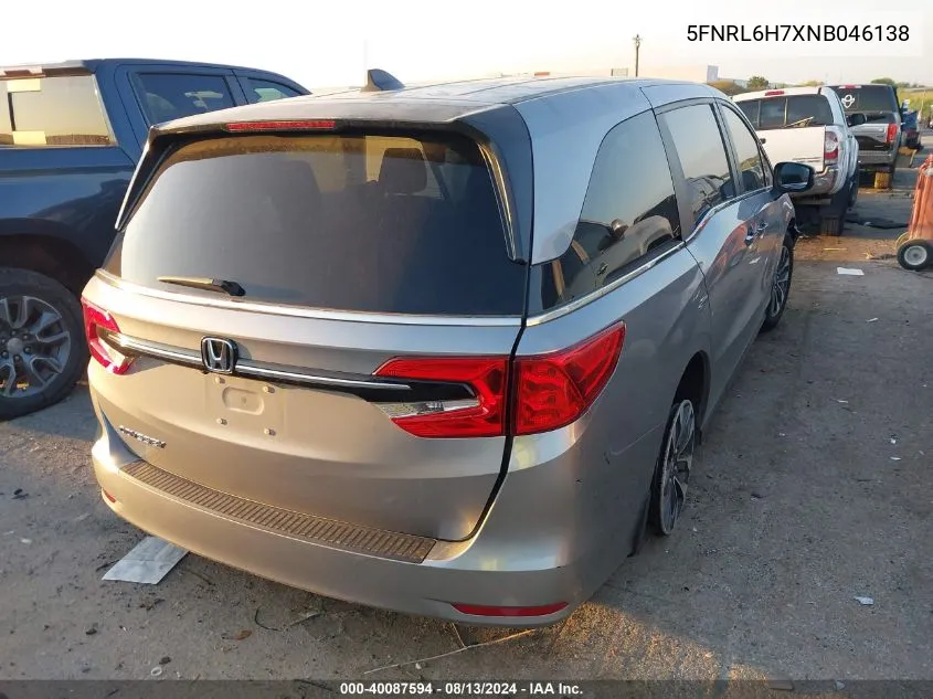 2022 Honda Odyssey Ex-L VIN: 5FNRL6H7XNB046138 Lot: 40087594