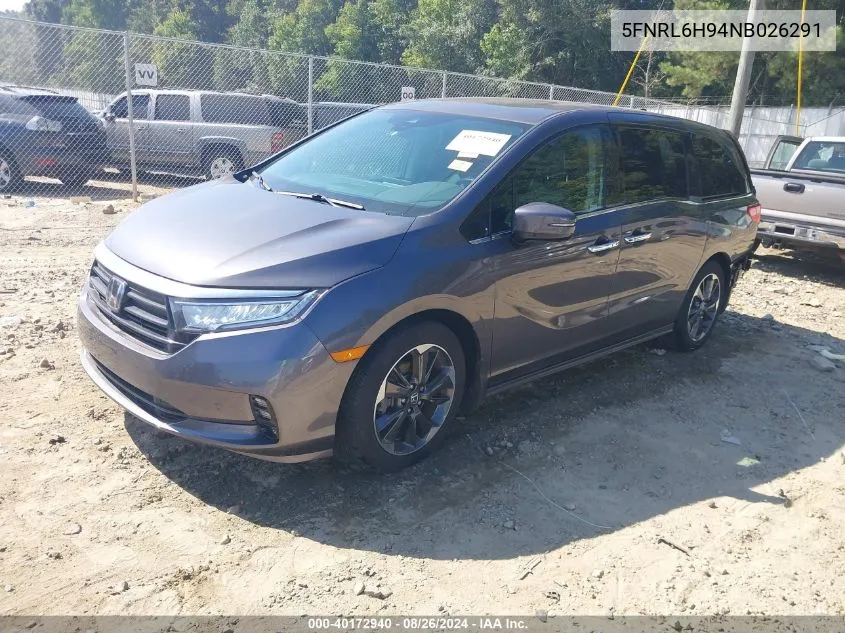 2022 Honda Odyssey Elite VIN: 5FNRL6H94NB026291 Lot: 40172940