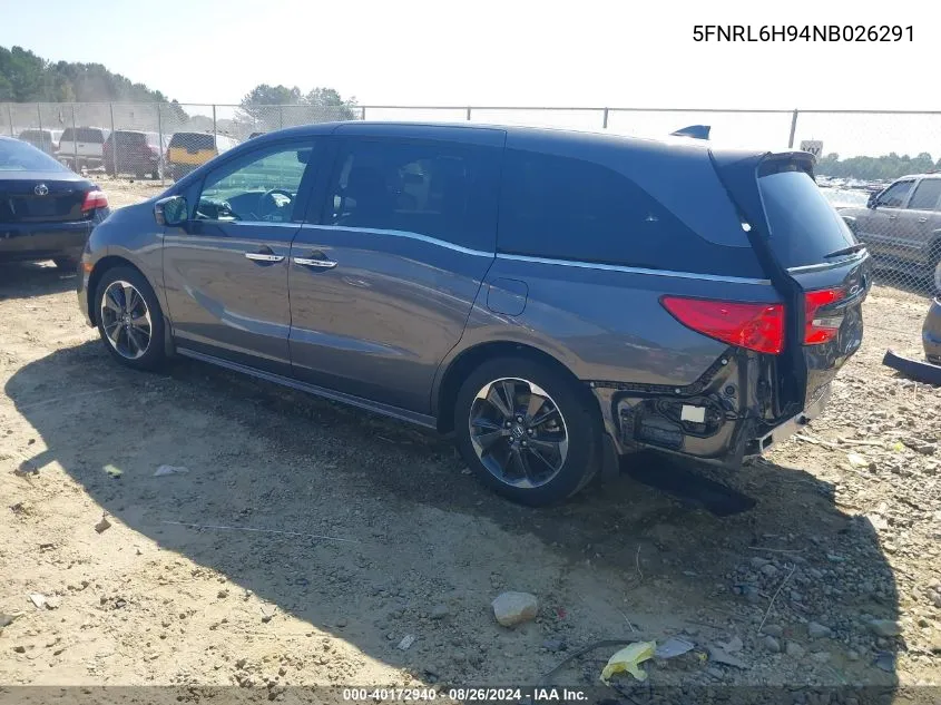 2022 Honda Odyssey Elite VIN: 5FNRL6H94NB026291 Lot: 40172940