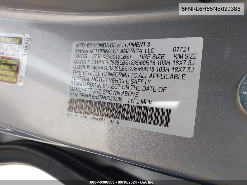 2022 Honda Odyssey Ex VIN: 5FNRL6H55NB029388 Lot: 40306569