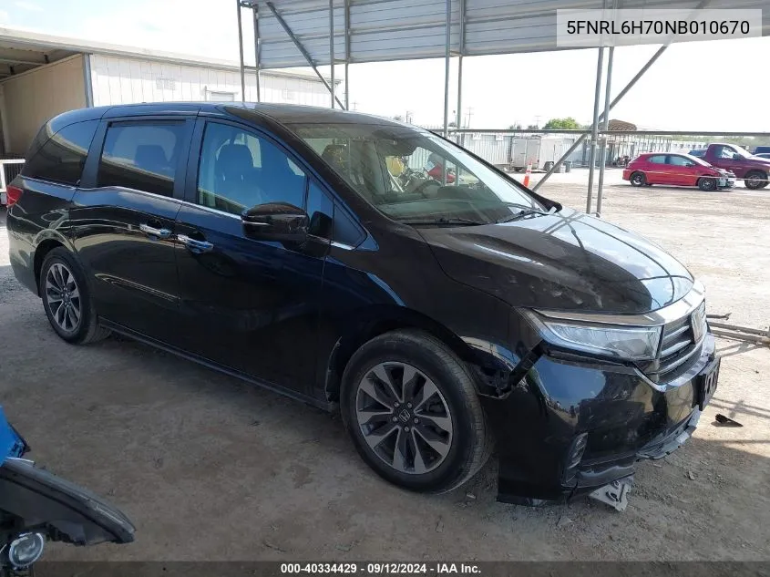 2022 Honda Odyssey Ex-L VIN: 5FNRL6H70NB010670 Lot: 40334429