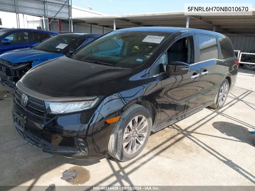 2022 Honda Odyssey Ex-L VIN: 5FNRL6H70NB010670 Lot: 40334429