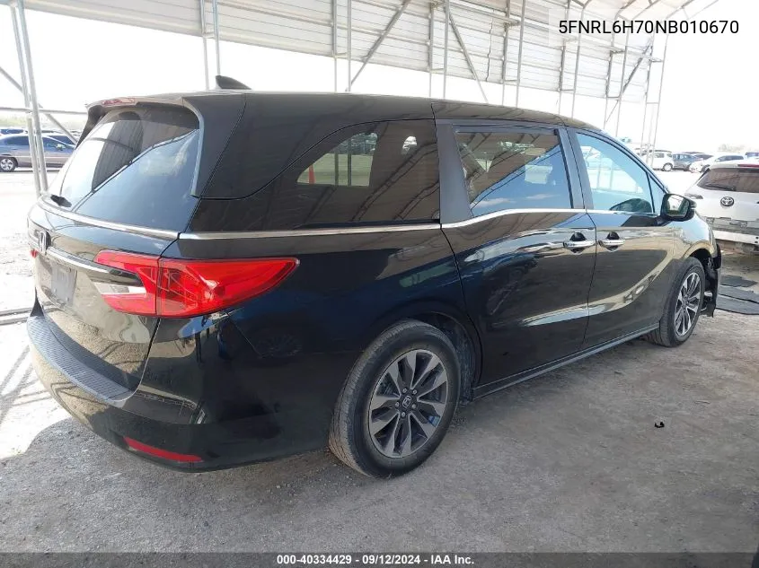 2022 Honda Odyssey Ex-L VIN: 5FNRL6H70NB010670 Lot: 40334429