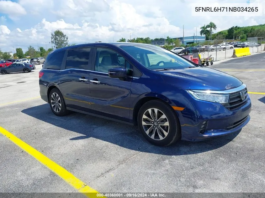 2022 Honda Odyssey Ex-L VIN: 5FNRL6H71NB034265 Lot: 40360001