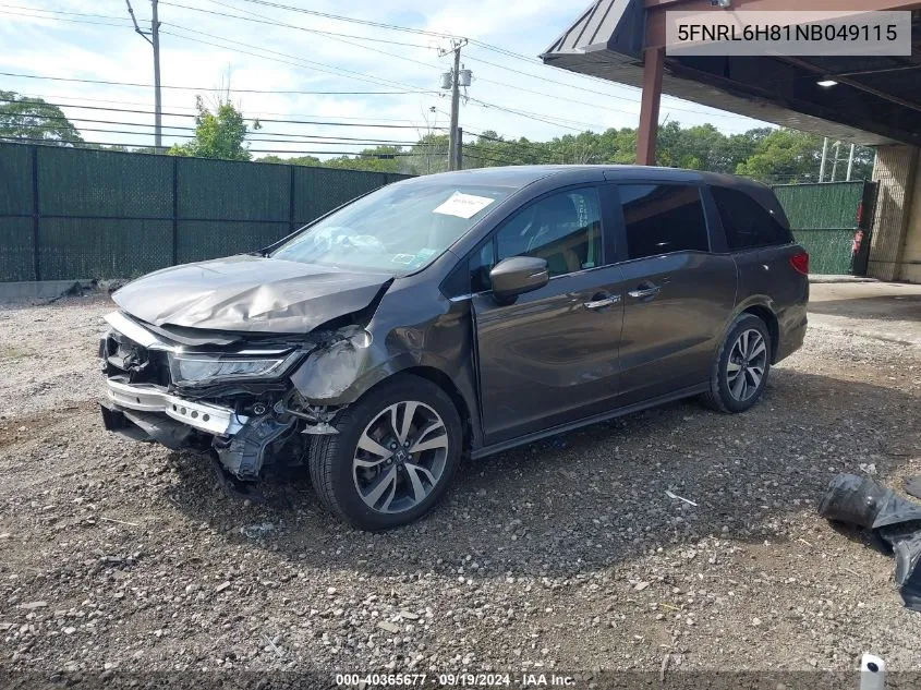 2022 Honda Odyssey Touring VIN: 5FNRL6H81NB049115 Lot: 40365677