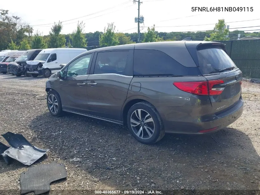 2022 Honda Odyssey Touring VIN: 5FNRL6H81NB049115 Lot: 40365677