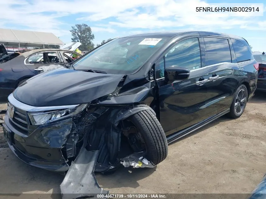 2022 Honda Odyssey Elite VIN: 5FNRL6H94NB002914 Lot: 40571739