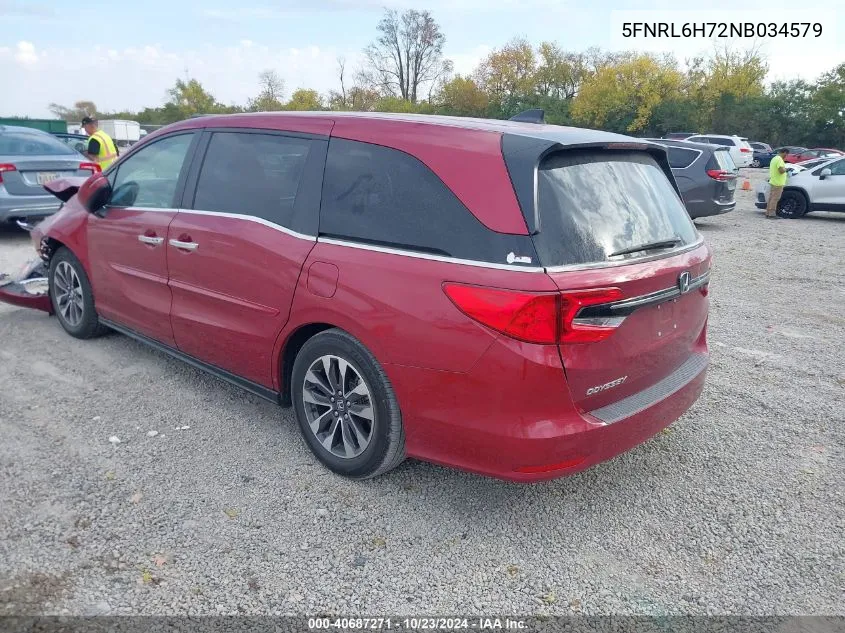 2022 Honda Odyssey Ex-L VIN: 5FNRL6H72NB034579 Lot: 40687271